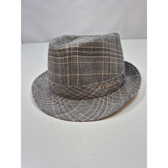 Stetson Fedora Hat Fitted Men's Small Gray Plaid Wool Linen Lined STC10-NAVY1